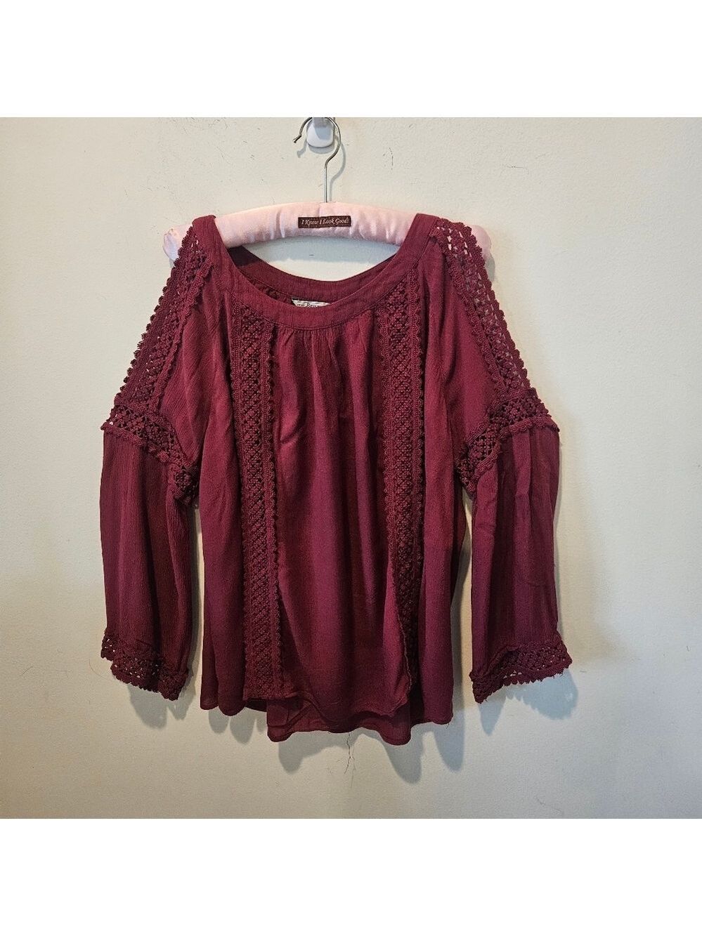 Bass Women's Burgandy Cold Shoulder Boho Blouse Embroidered Detail Lace, XLP